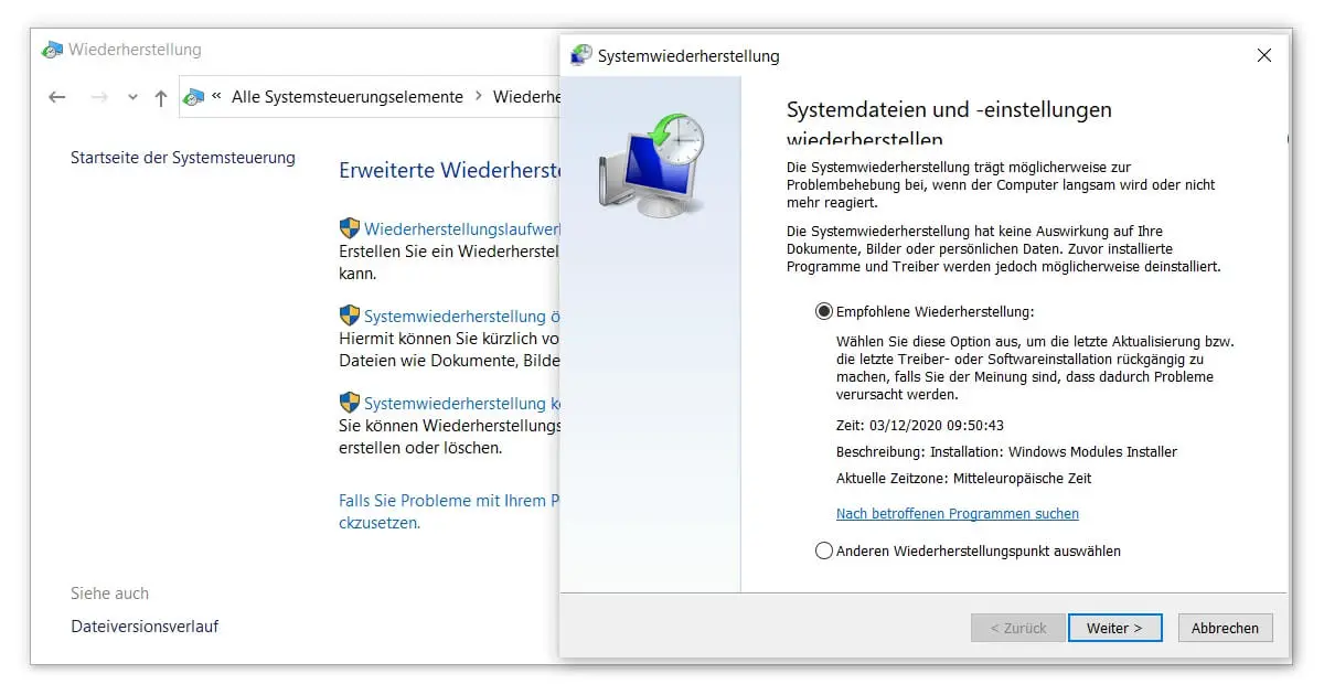 Windows Reparatur ohne Neuinstallation mittels Systemwiederherstellung