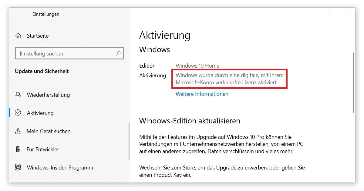 Upgrade Windows 10 Home auf Windows 10 Pro dank digitaler Lizenz